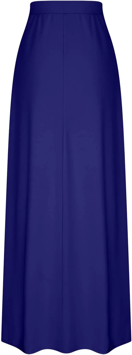 HGps8w Women's Loose Flare Maxi Skirts Elastic High Waist Drawstring Casual Solid Color Ankle Long Skirt with Pockets