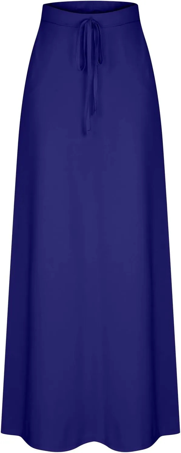 HGps8w Women's Loose Flare Maxi Skirts Elastic High Waist Drawstring Casual Solid Color Ankle Long Skirt with Pockets