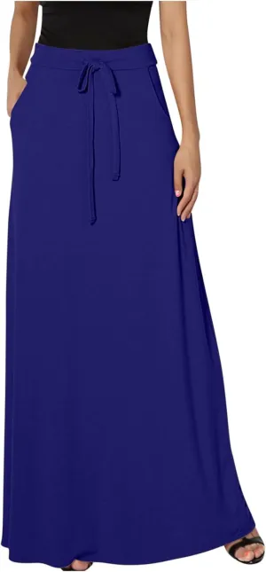 HGps8w Women's Loose Flare Maxi Skirts Elastic High Waist Drawstring Casual Solid Color Ankle Long Skirt with Pockets
