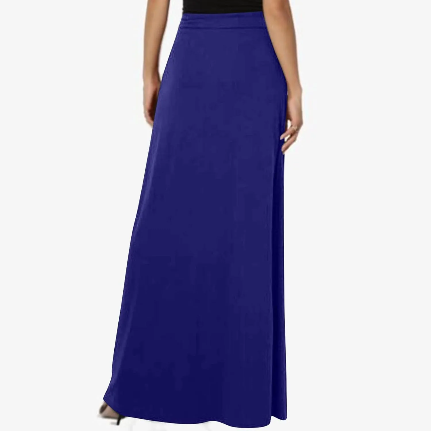 HGps8w Women's Loose Flare Maxi Skirts Elastic High Waist Drawstring Casual Solid Color Ankle Long Skirt with Pockets