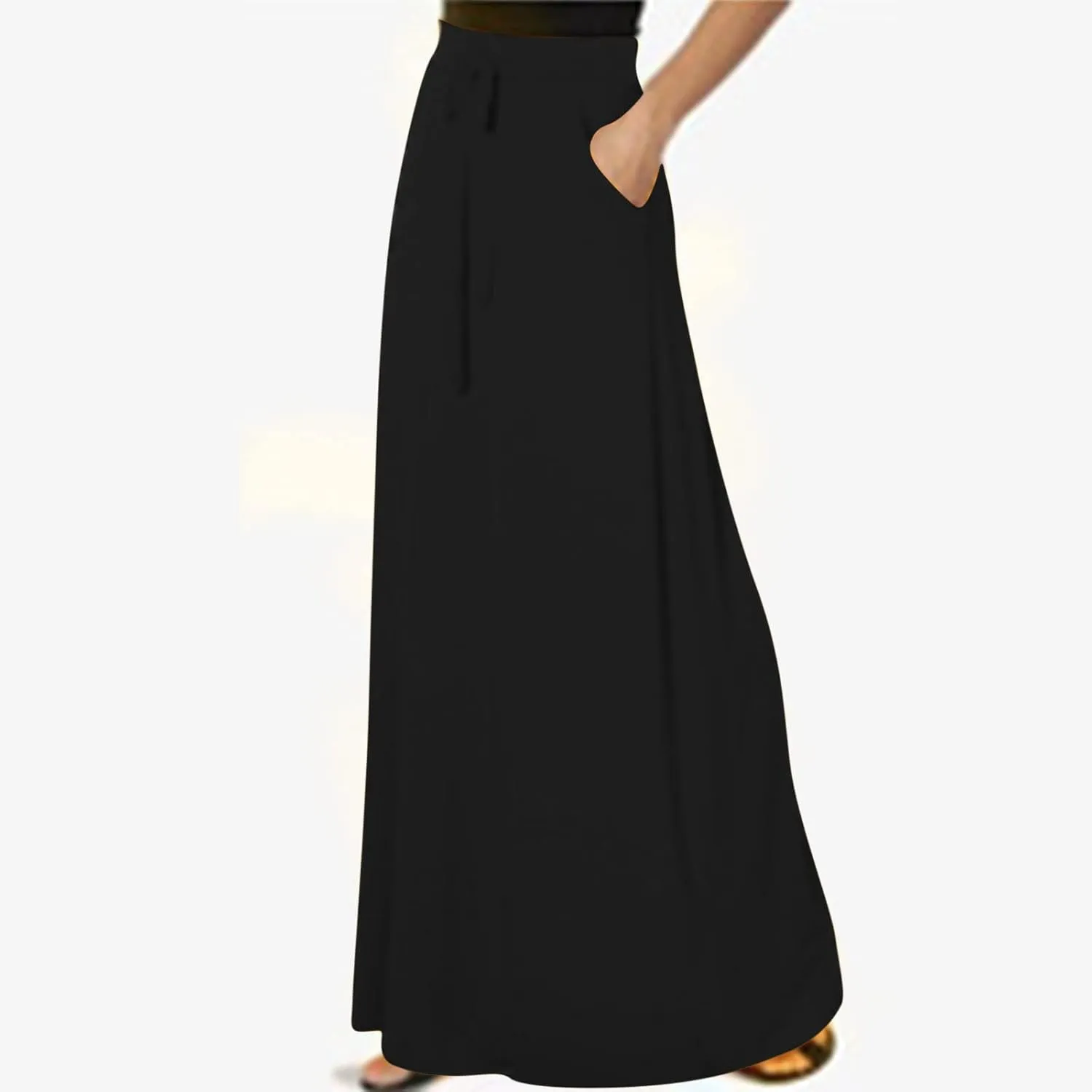HGps8w Women's Loose Flare Maxi Skirts Elastic High Waist Drawstring Casual Solid Color Ankle Long Skirt with Pockets