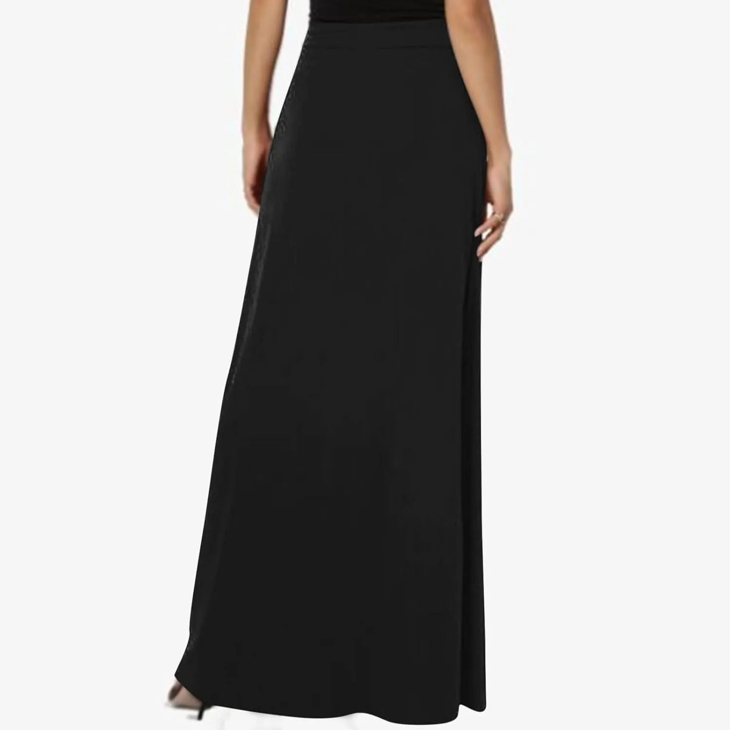 HGps8w Women's Loose Flare Maxi Skirts Elastic High Waist Drawstring Casual Solid Color Ankle Long Skirt with Pockets