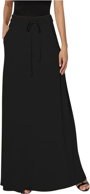 HGps8w Women's Loose Flare Maxi Skirts Elastic High Waist Drawstring Casual Solid Color Ankle Long Skirt with Pockets