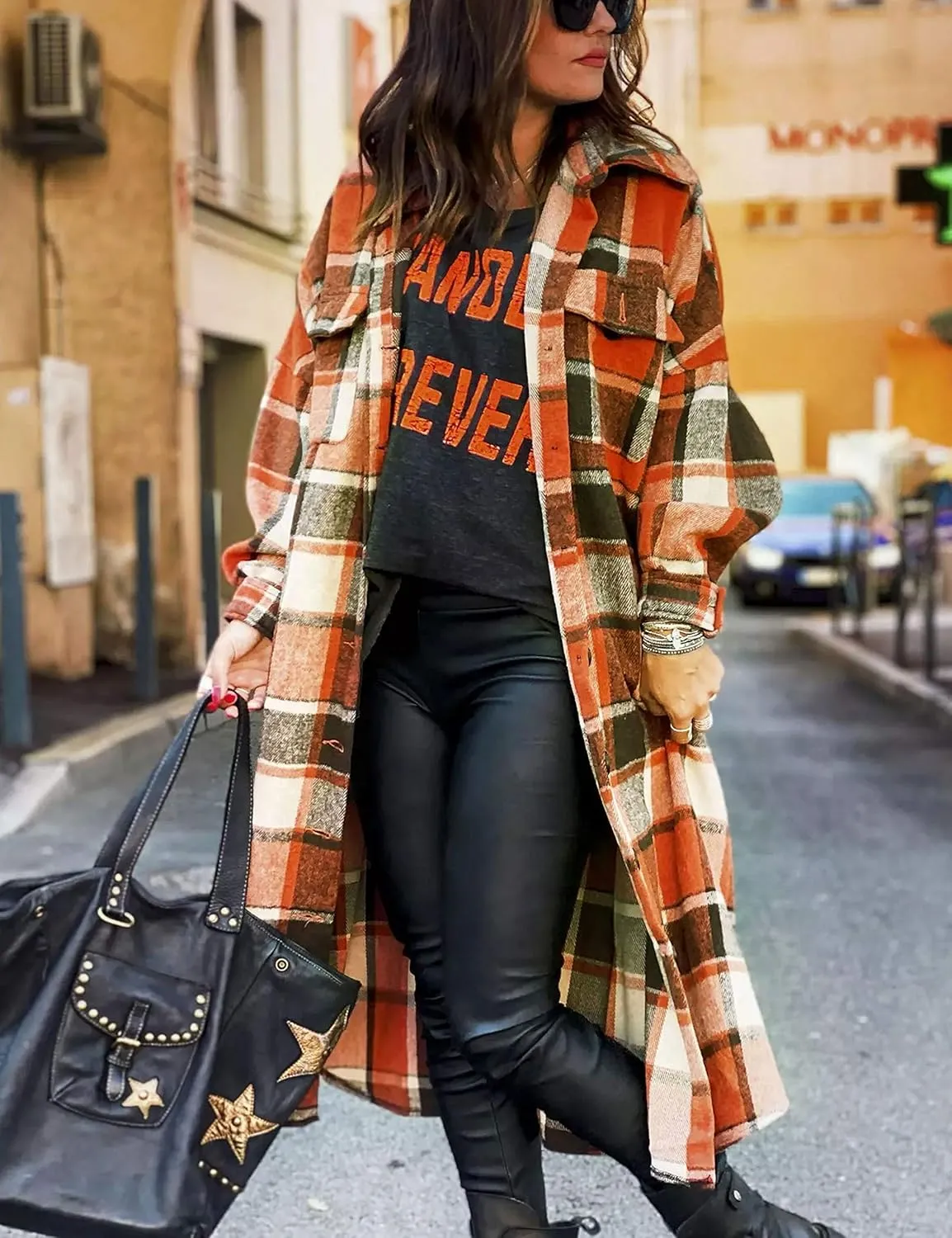 Himosyber Women's Casual Plaid Lapel Woolen Button Up Pocketed Long Shacket Coat