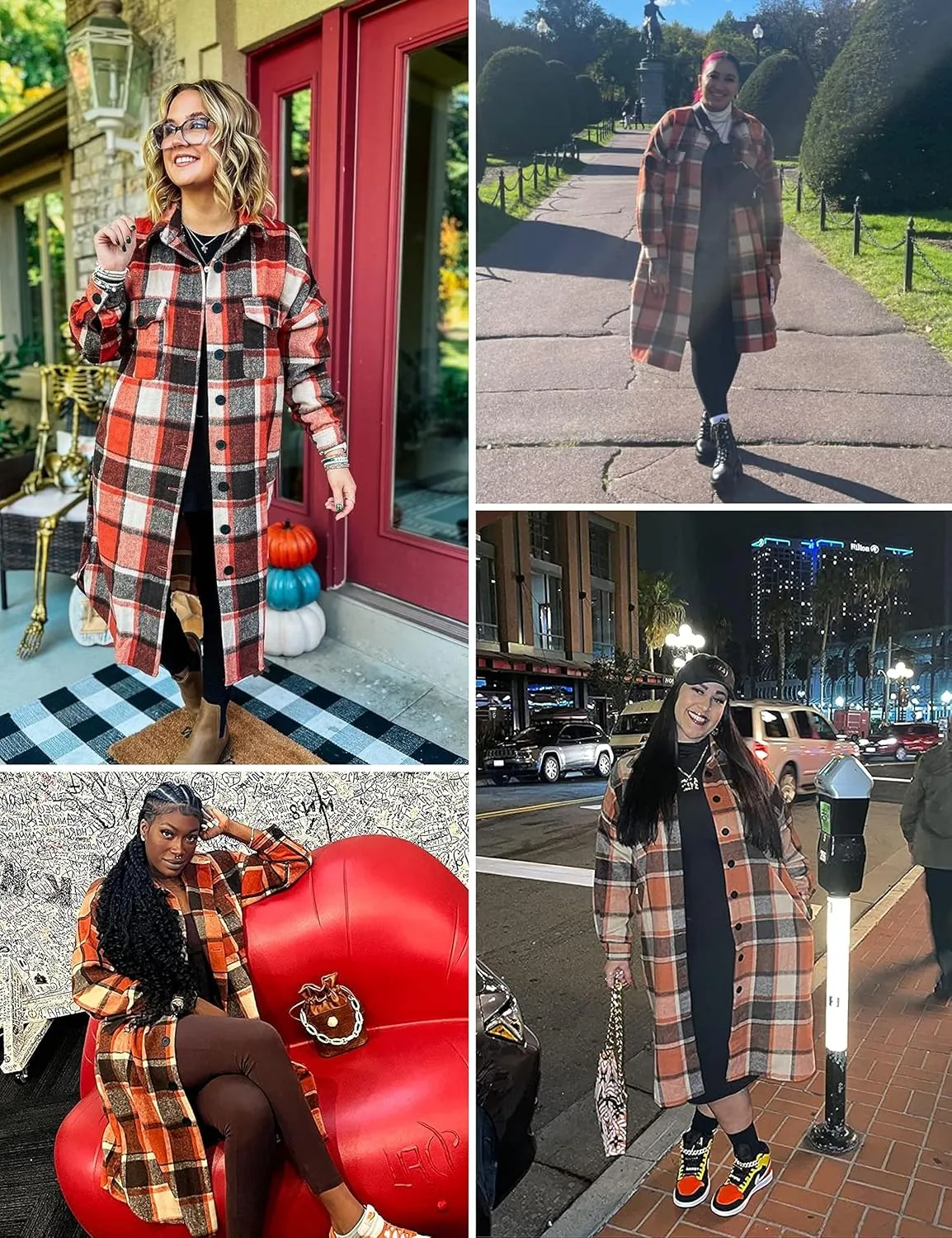 Himosyber Women's Casual Plaid Lapel Woolen Button Up Pocketed Long Shacket Coat