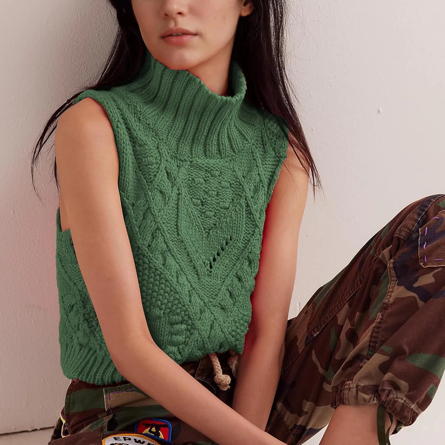 Hixiaohe Turtleneck Crochet Sweater Vest Fall Fashion Knit Sleeveless Tank Tops for Women Lightweight Casual Pullover Clothes