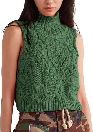 Hixiaohe Turtleneck Crochet Sweater Vest Fall Fashion Knit Sleeveless Tank Tops for Women Lightweight Casual Pullover Clothes