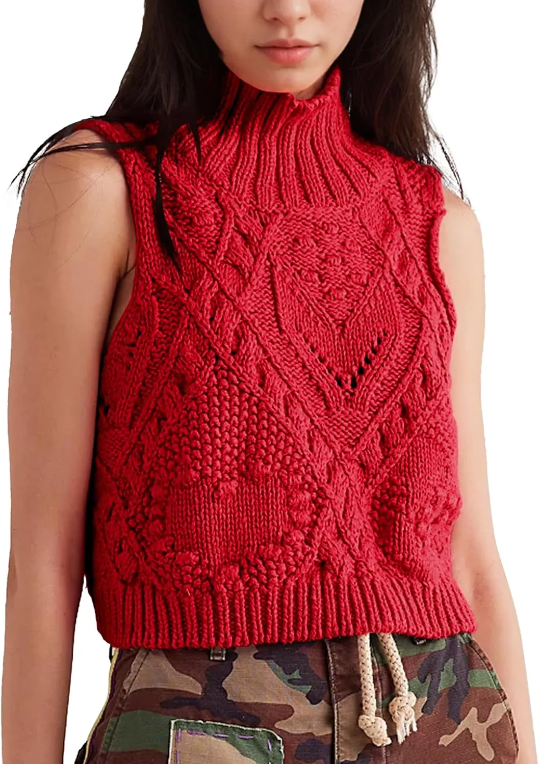 Hixiaohe Turtleneck Crochet Sweater Vest Fall Fashion Knit Sleeveless Tank Tops for Women Lightweight Casual Pullover Clothes