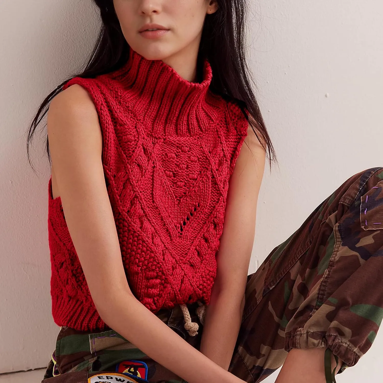Hixiaohe Turtleneck Crochet Sweater Vest Fall Fashion Knit Sleeveless Tank Tops for Women Lightweight Casual Pullover Clothes