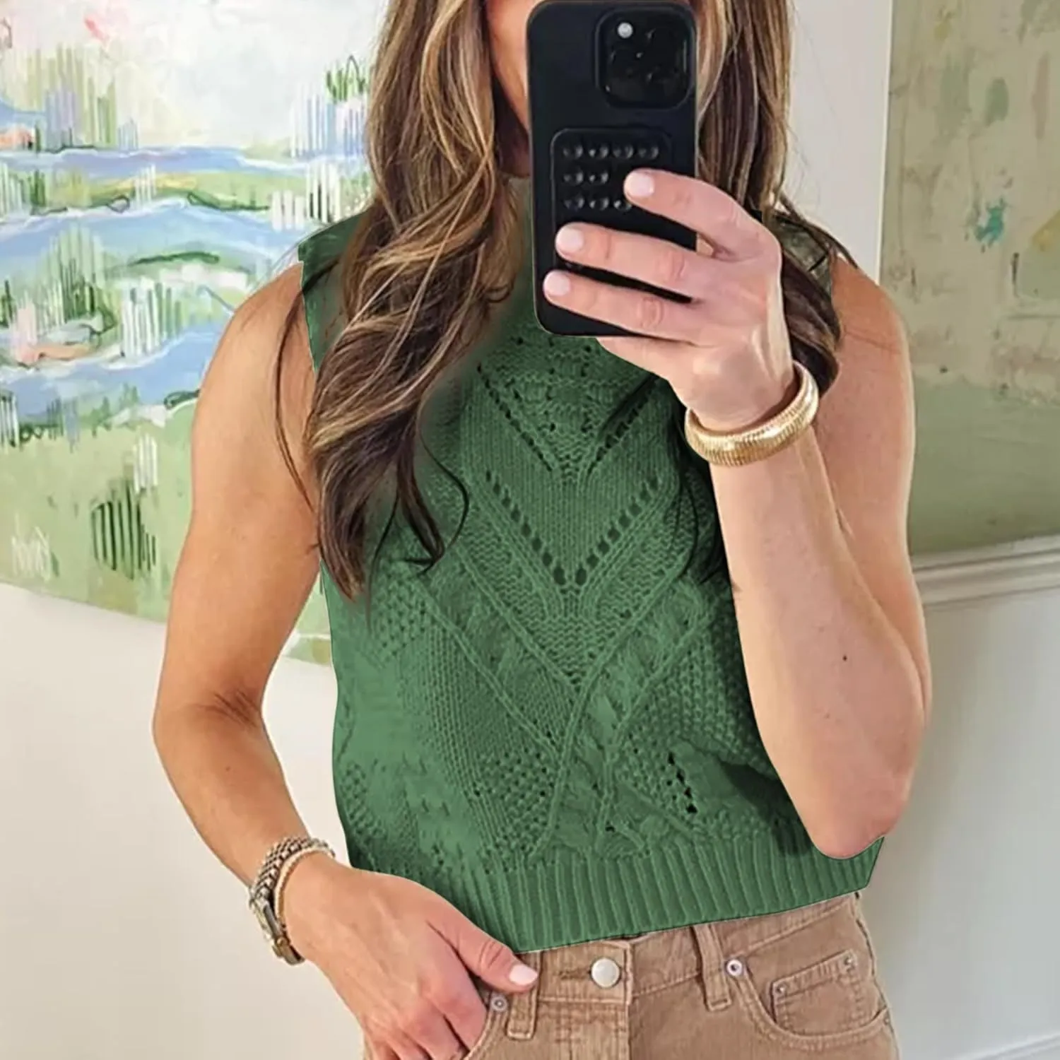 Hixiaohe Turtleneck Crochet Sweater Vest Fall Fashion Knit Sleeveless Tank Tops for Women Lightweight Casual Pullover Clothes