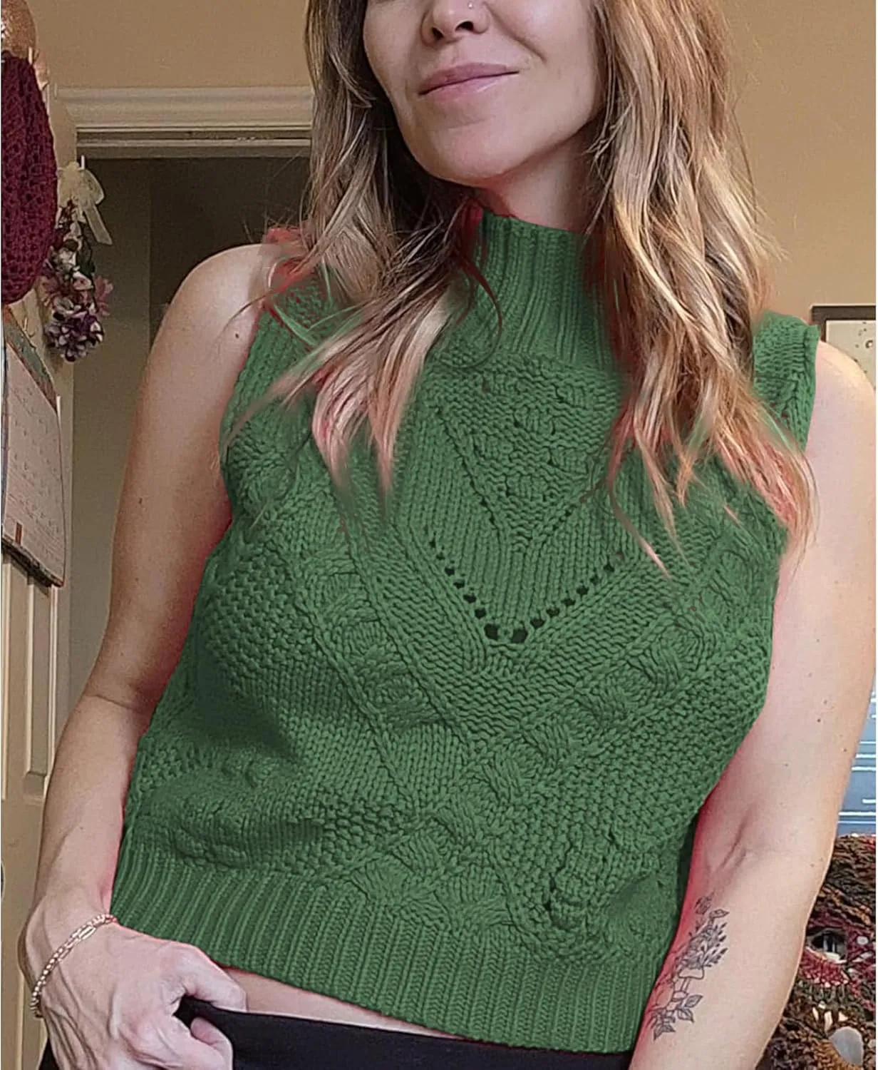 Hixiaohe Turtleneck Crochet Sweater Vest Fall Fashion Knit Sleeveless Tank Tops for Women Lightweight Casual Pullover Clothes