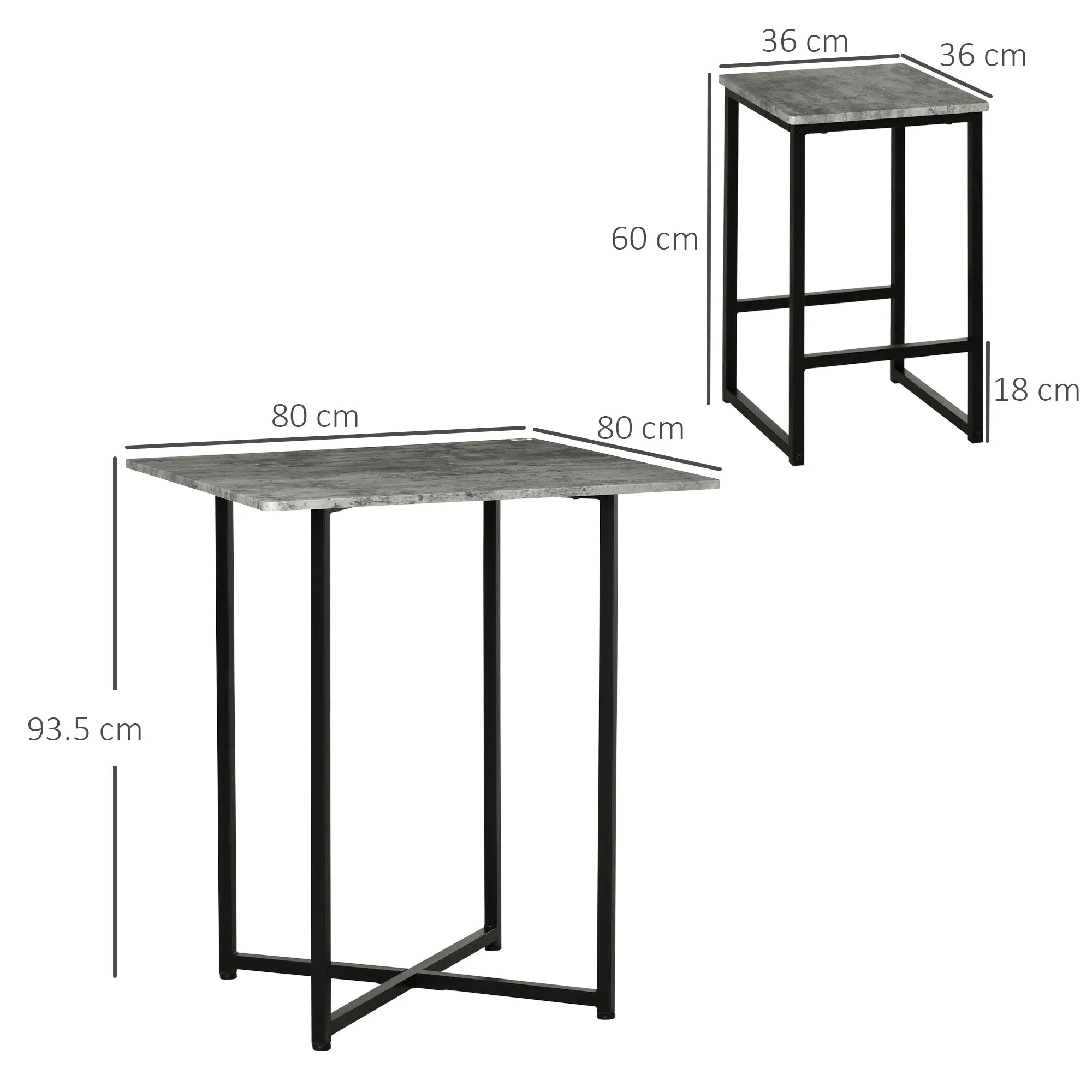 HOMCOM Concrete Effect Square Bar Table Set with Stools for 4 People Grey
