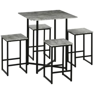 HOMCOM Concrete Effect Square Bar Table Set with Stools for 4 People Grey