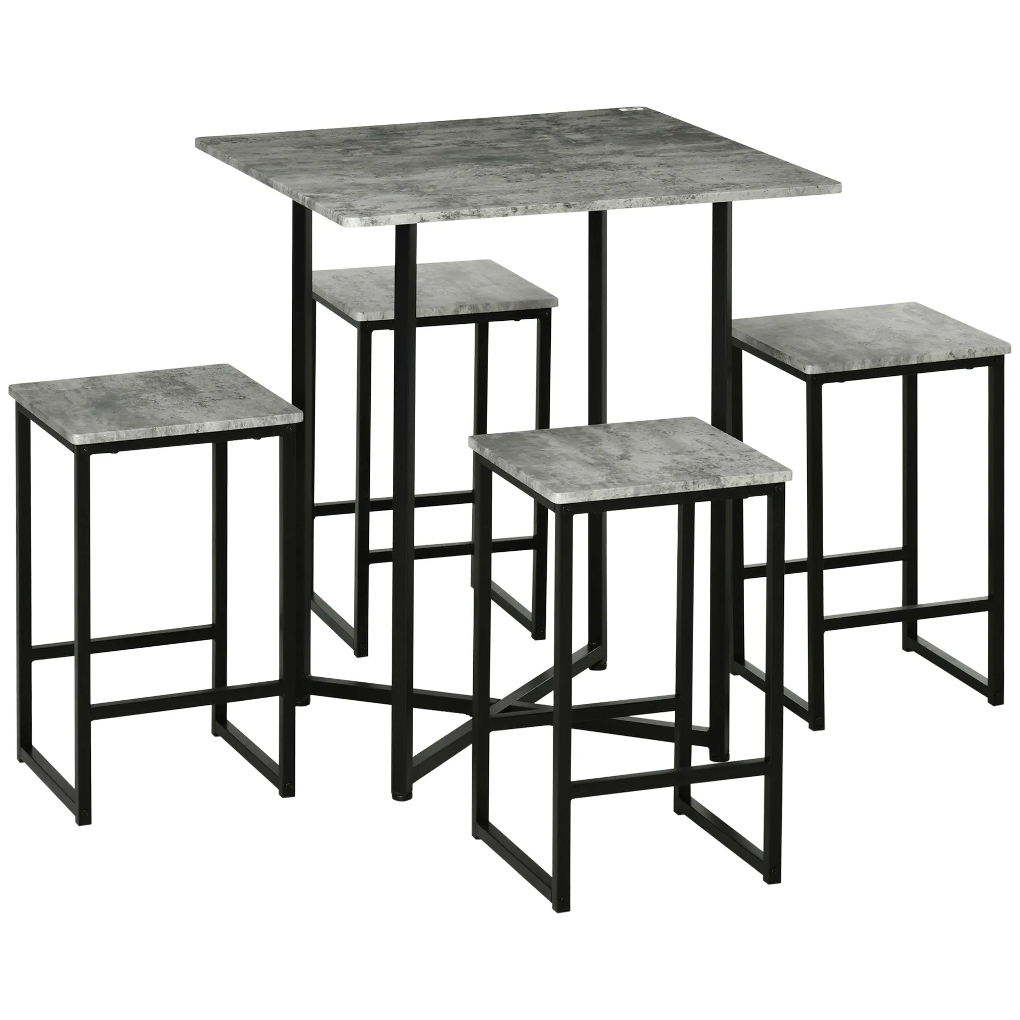 HOMCOM Concrete Effect Square Bar Table Set with Stools for 4 People Grey