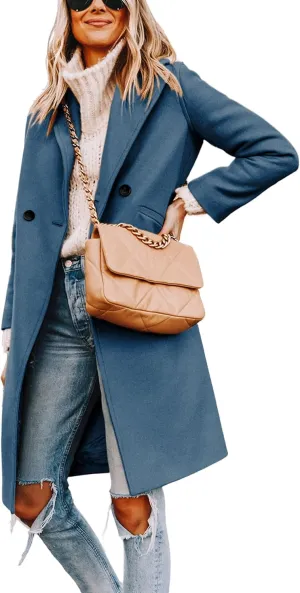 Hooever Women's Winter Wool Coat Casual Notch Lapel Single-Breasted Peacoat
