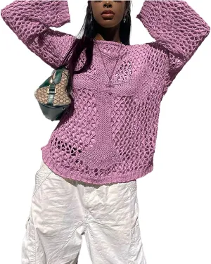 HOXIJIA Women Long Sleeve Sweaters Hollow Out Loose Round Neck Off Shoulder Crochet Cutout Fishnet Pullover Knitwear