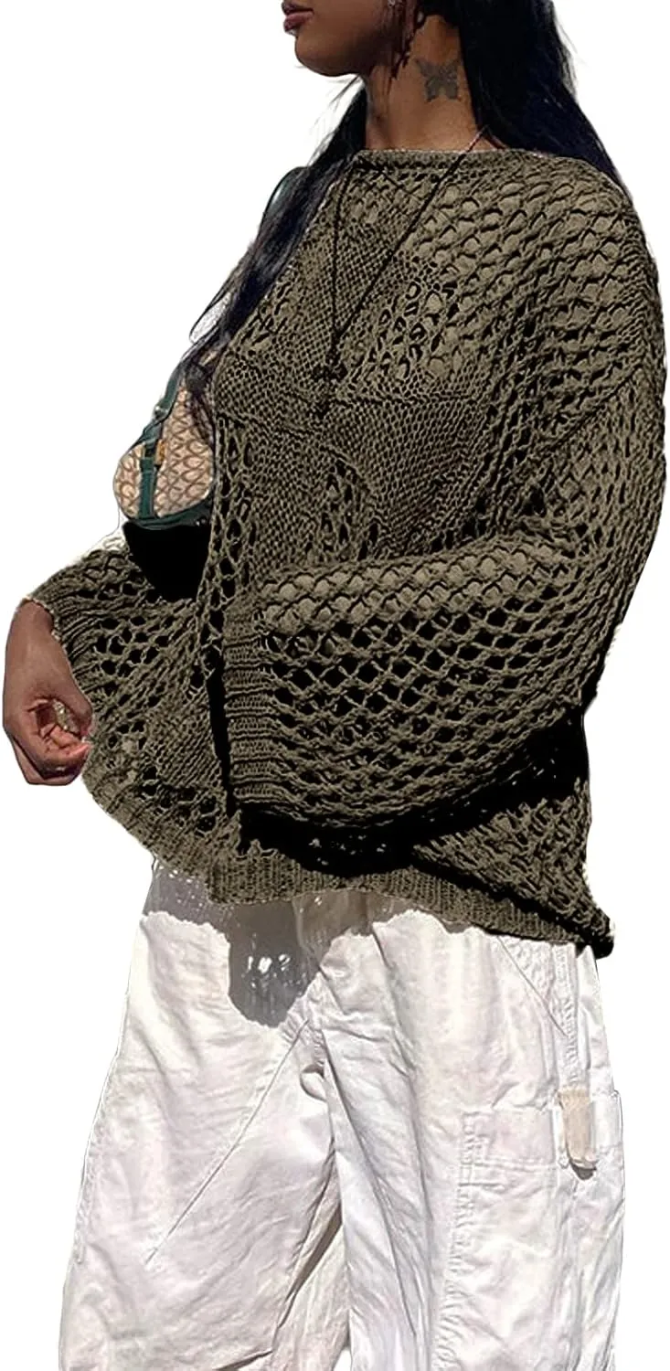 HOXIJIA Women Long Sleeve Sweaters Hollow Out Loose Round Neck Off Shoulder Crochet Cutout Fishnet Pullover Knitwear