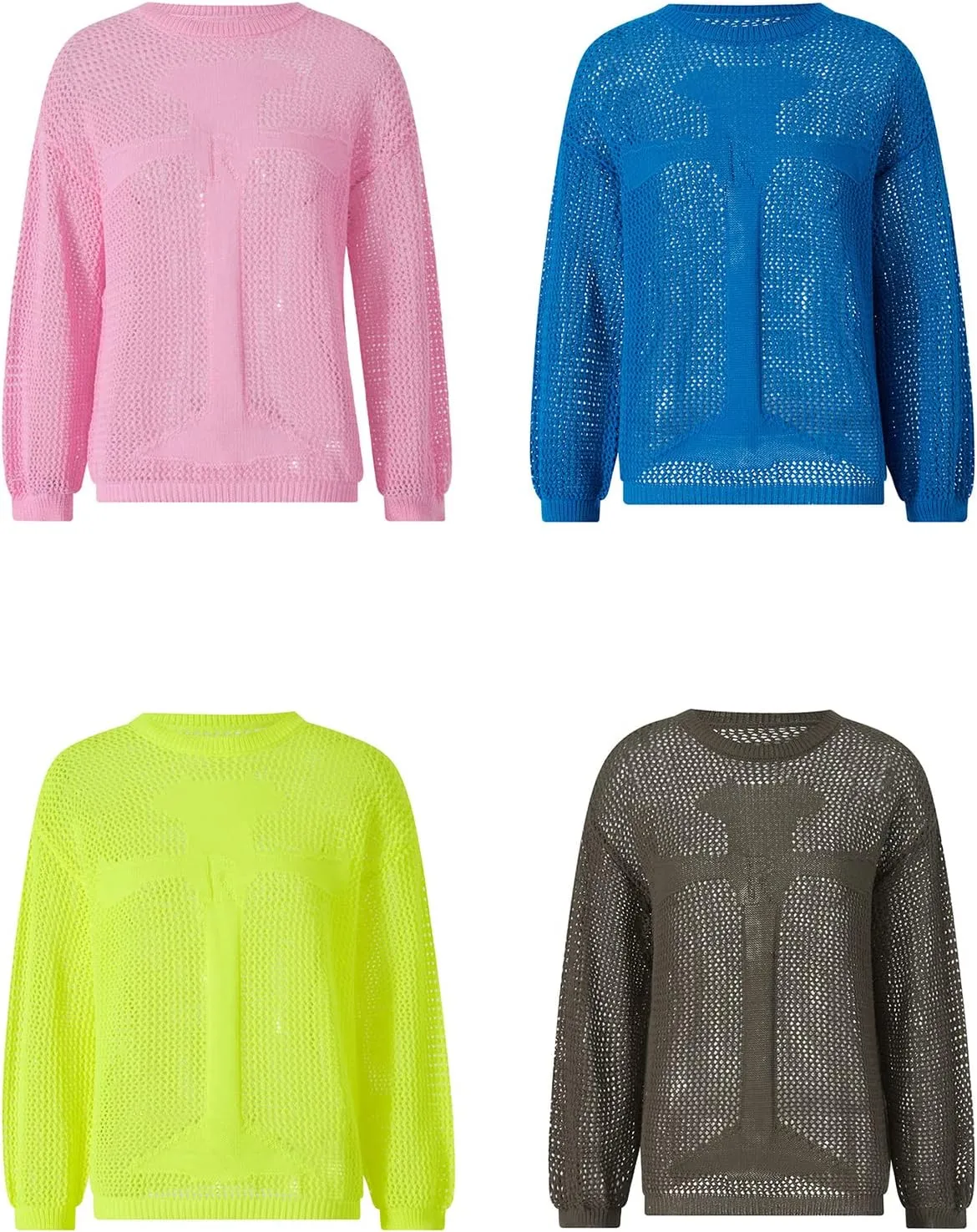 HOXIJIA Women Long Sleeve Sweaters Hollow Out Loose Round Neck Off Shoulder Crochet Cutout Fishnet Pullover Knitwear