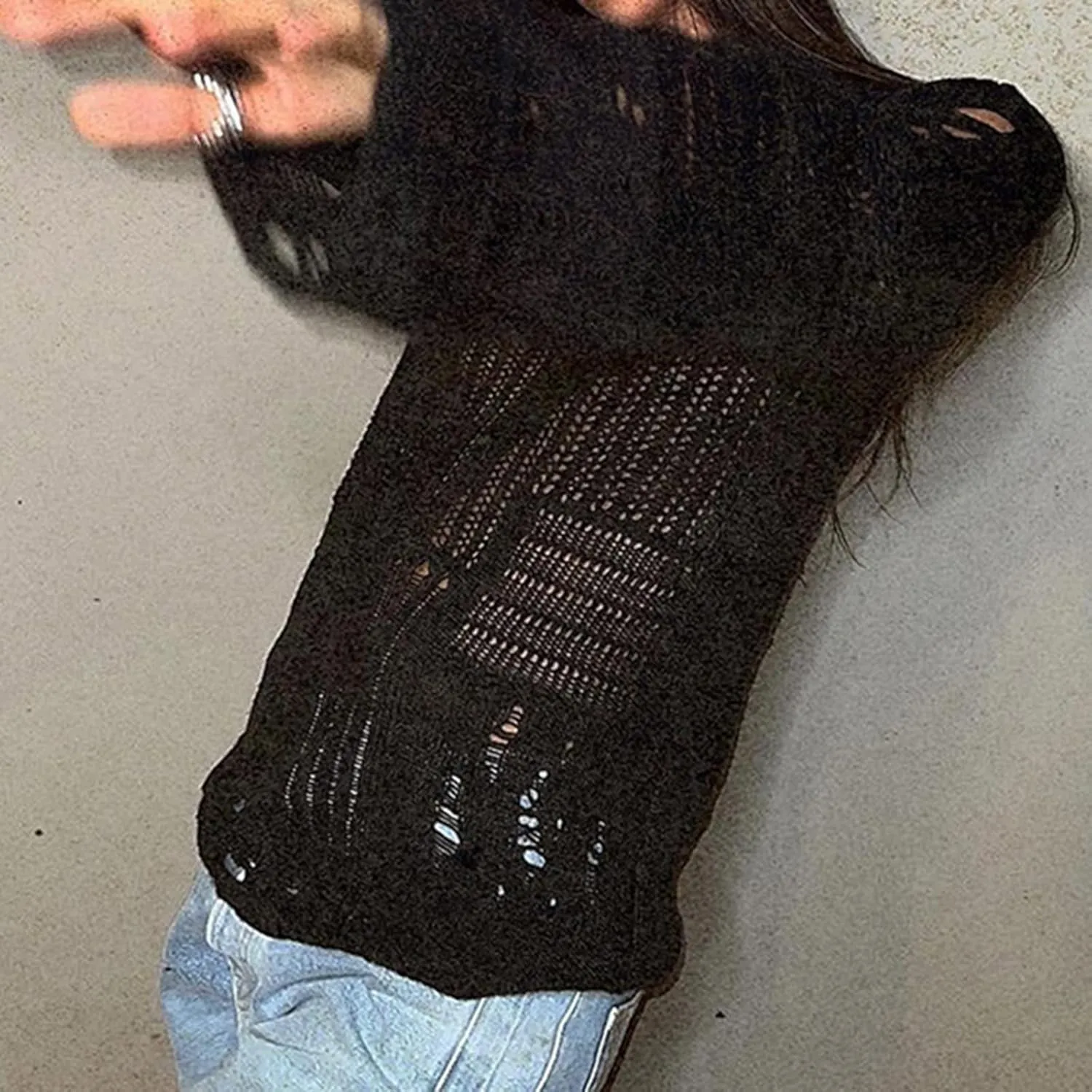 HOXIJIA Women Long Sleeve Sweaters Hollow Out Loose Round Neck Off Shoulder Crochet Cutout Fishnet Pullover Knitwear