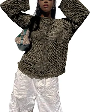 HOXIJIA Women Long Sleeve Sweaters Hollow Out Loose Round Neck Off Shoulder Crochet Cutout Fishnet Pullover Knitwear