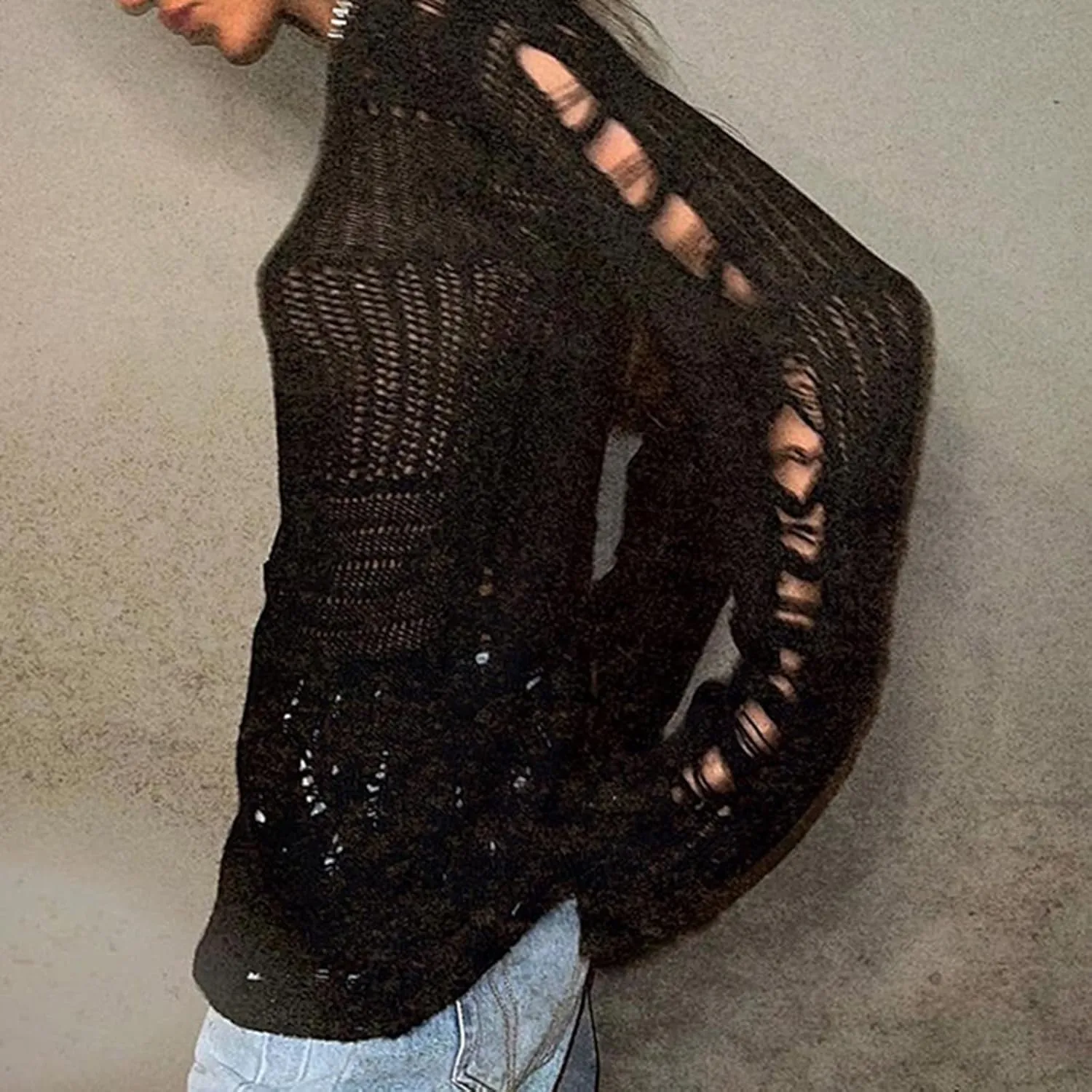 HOXIJIA Women Long Sleeve Sweaters Hollow Out Loose Round Neck Off Shoulder Crochet Cutout Fishnet Pullover Knitwear
