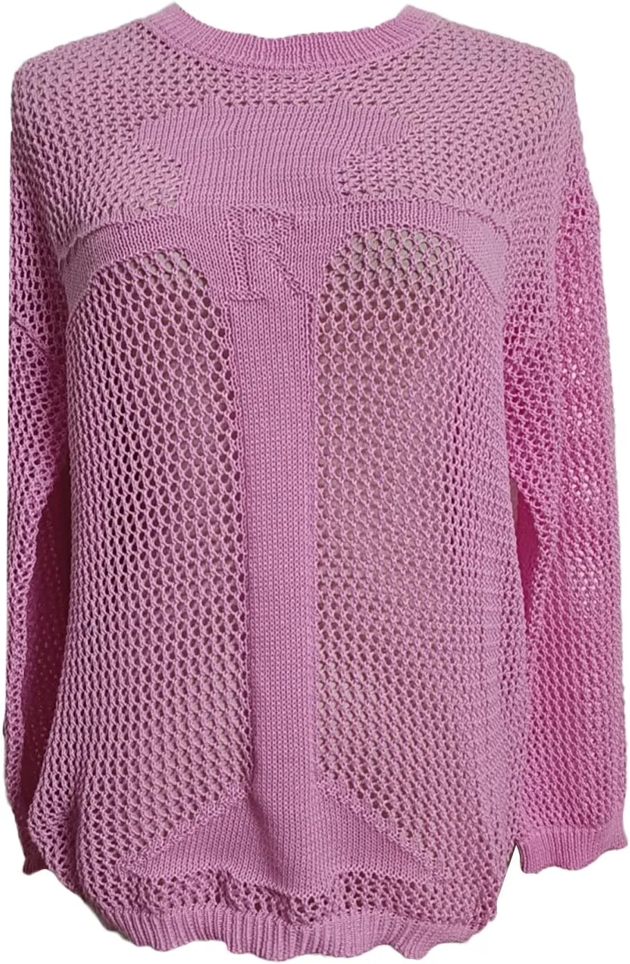 HOXIJIA Women Long Sleeve Sweaters Hollow Out Loose Round Neck Off Shoulder Crochet Cutout Fishnet Pullover Knitwear