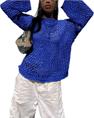 HOXIJIA Women Long Sleeve Sweaters Hollow Out Loose Round Neck Off Shoulder Crochet Cutout Fishnet Pullover Knitwear