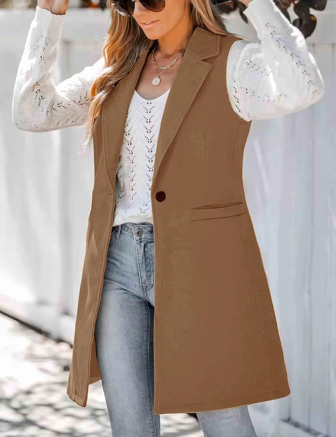 IDEALSANXUN Wool Long Vest for Women Sleeveless Blazer Jacket Fall Winter Trench Coat Waistcoat