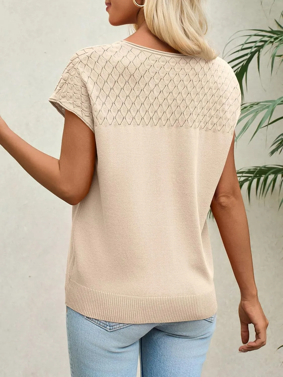 Imily Bela Womens Short Sleeve Sweaters Casual Crewneck Crochet Knit Summer Shirts Loose Trendy Pullover Tops