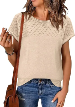 Imily Bela Womens Short Sleeve Sweaters Casual Crewneck Crochet Knit Summer Shirts Loose Trendy Pullover Tops