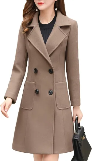 Itemnew ebossy Women's Elegant Notched Lapel Double Breasted Knee Length Woolen Coat Jacket