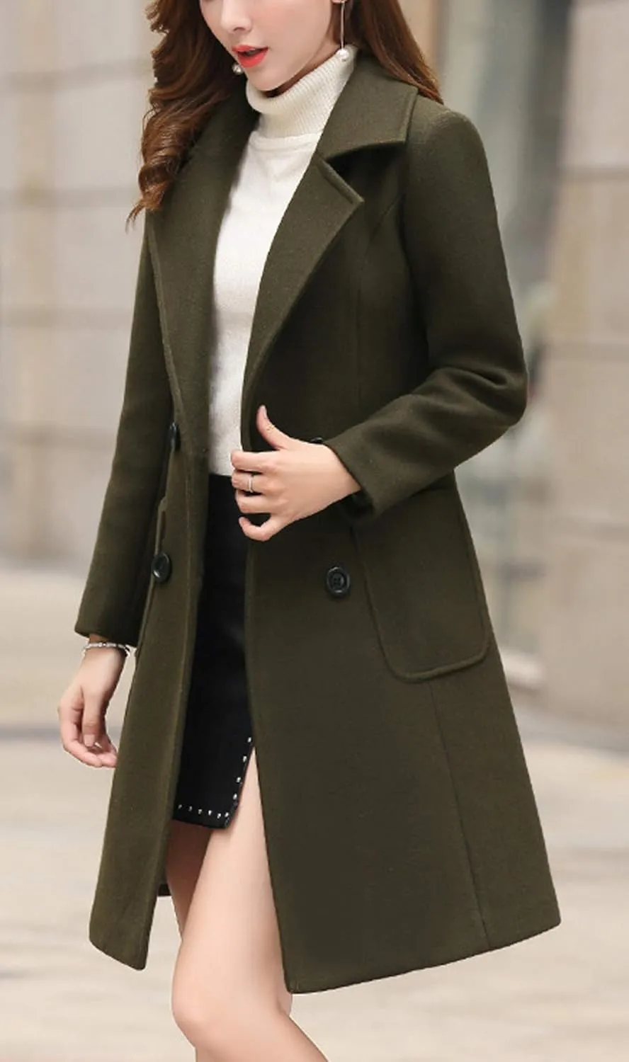 Itemnew ebossy Women's Elegant Notched Lapel Double Breasted Knee Length Woolen Coat Jacket
