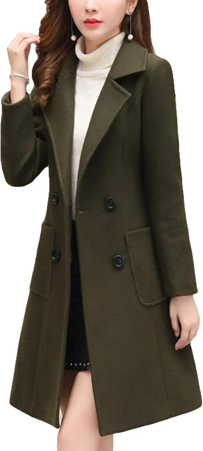Itemnew ebossy Women's Elegant Notched Lapel Double Breasted Knee Length Woolen Coat Jacket
