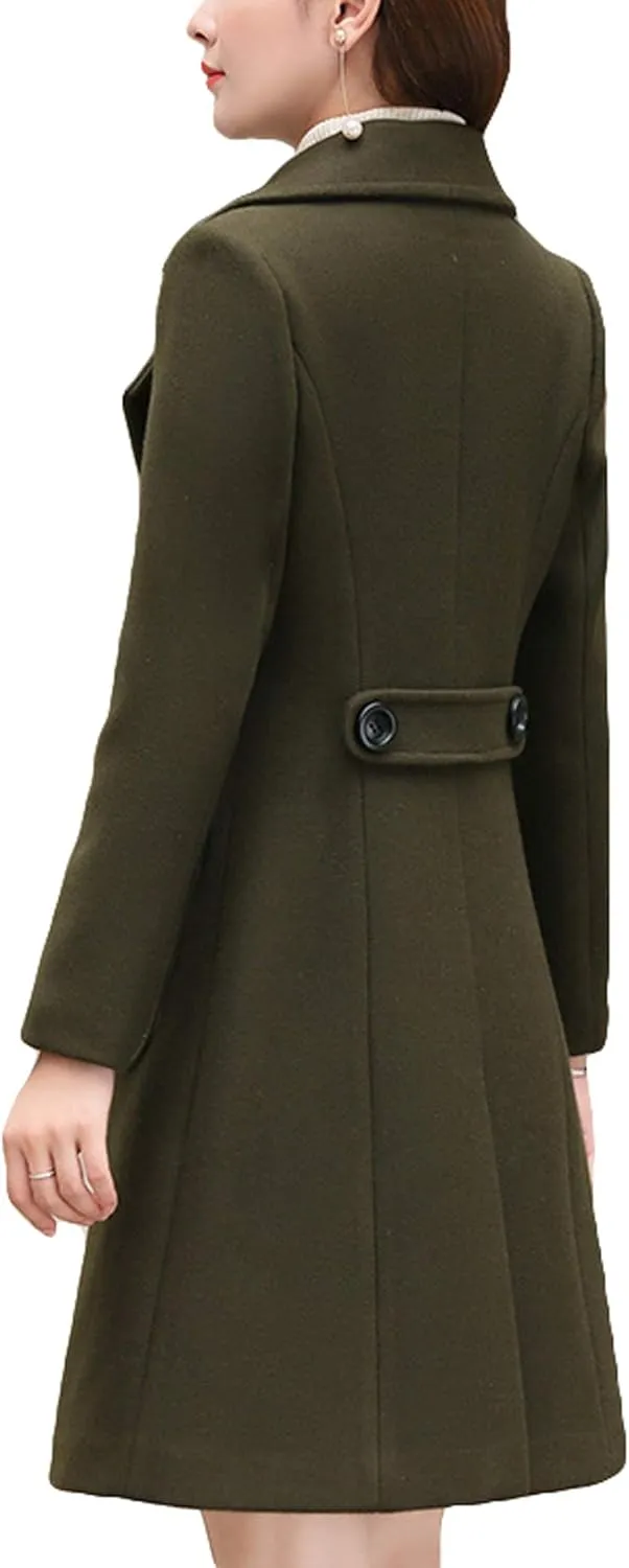 Itemnew ebossy Women's Elegant Notched Lapel Double Breasted Knee Length Woolen Coat Jacket