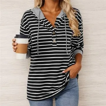 IVERIRMIN Women's Oversized Striped Button-up Hoodies Drawstring Hooded Sweatshirt Long Sleeve Shirts Pullover Tops for Women