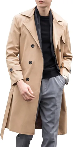 JEShifangjiusu Mens Notch Lapel Double Breasted Overcoat Lightweight Long Trench Coat Windbreaker Casual Cotton Blend Peacoat