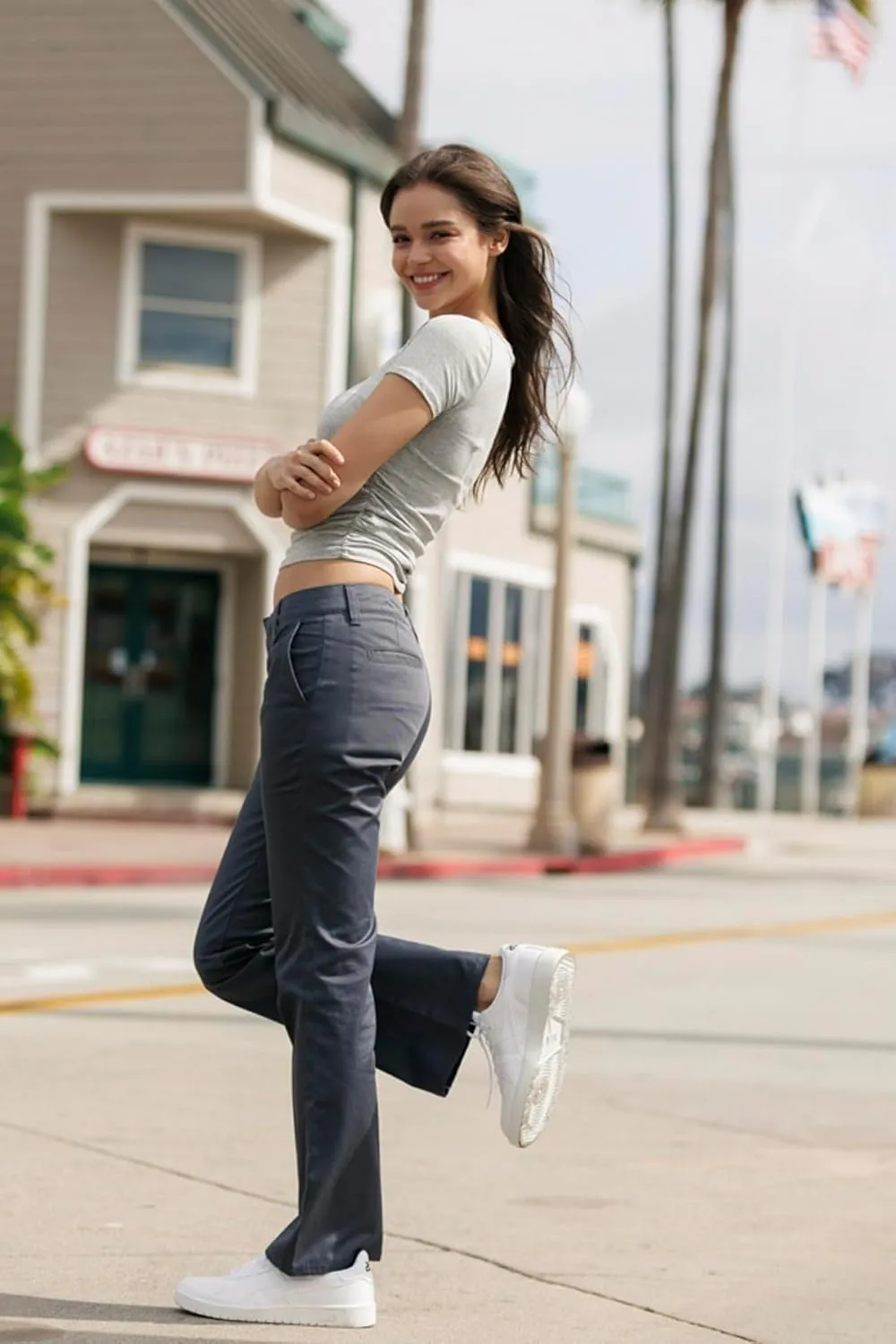KHAKI & BLUE Women's Work Pants  Low Rise Flared Leg Bootcut Casual Trousers with Pockets