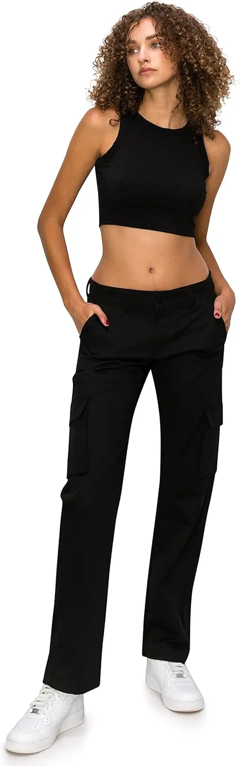 KHAKI & BLUE Women's Work Pants  Mid Rise Relaxed Fit Straight Leg Cargo Casual Trousers with Multi Pockets