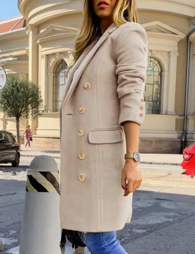 Kinghua Women's Double Breasted Wool Coat Fall Winter Notched Lapel Midi Long Wool Peacoat Jacket