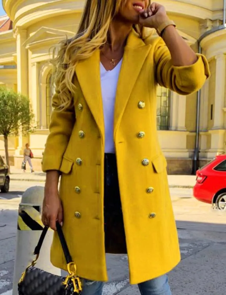 Kinghua Women's Double Breasted Wool Coat Fall Winter Notched Lapel Midi Long Wool Peacoat Jacket