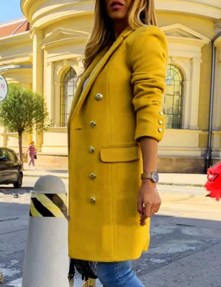 Kinghua Women's Double Breasted Wool Coat Fall Winter Notched Lapel Midi Long Wool Peacoat Jacket