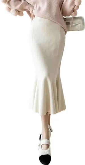Knit Midi Long Mermaid Skirt Women Winter Warm Solid High Waist Pencil Skirt