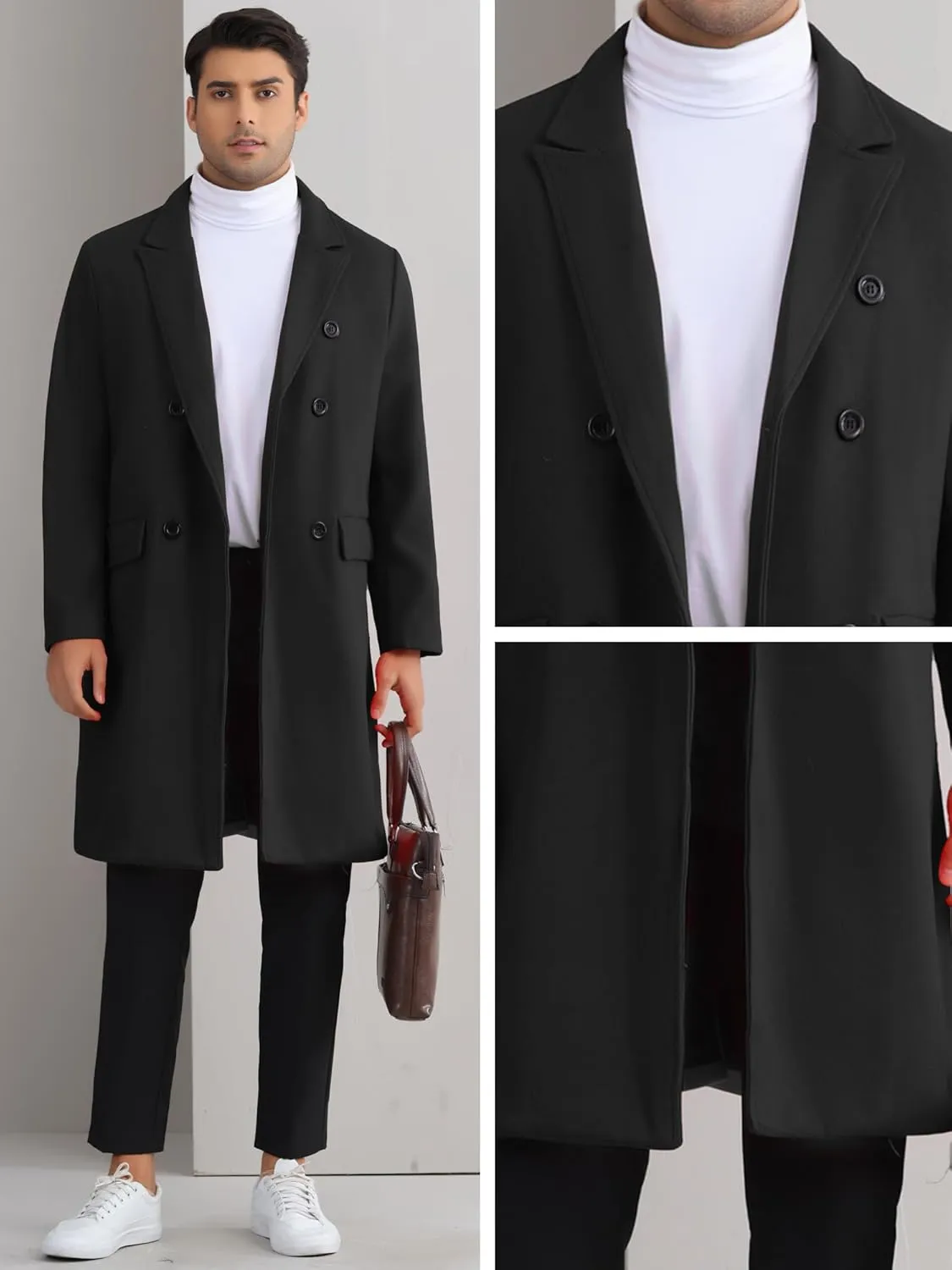 Lars Amadeus Overcoat for Men's Double Breasted Notched Collar Warm Winter Business Long Trench Coat with Pockets