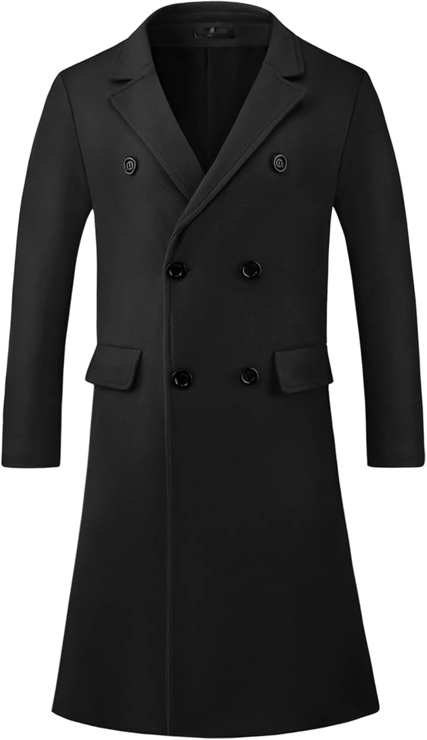 Lars Amadeus Overcoat for Men's Double Breasted Notched Collar Warm Winter Business Long Trench Coat with Pockets