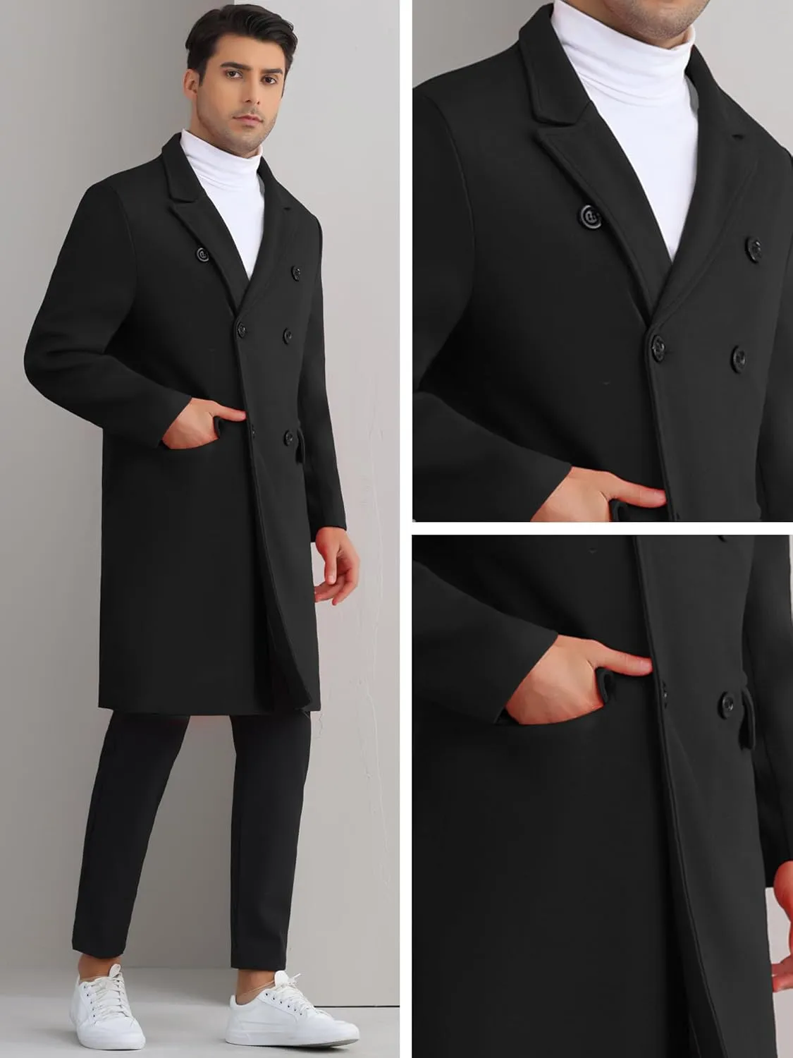 Lars Amadeus Overcoat for Men's Double Breasted Notched Collar Warm Winter Business Long Trench Coat with Pockets