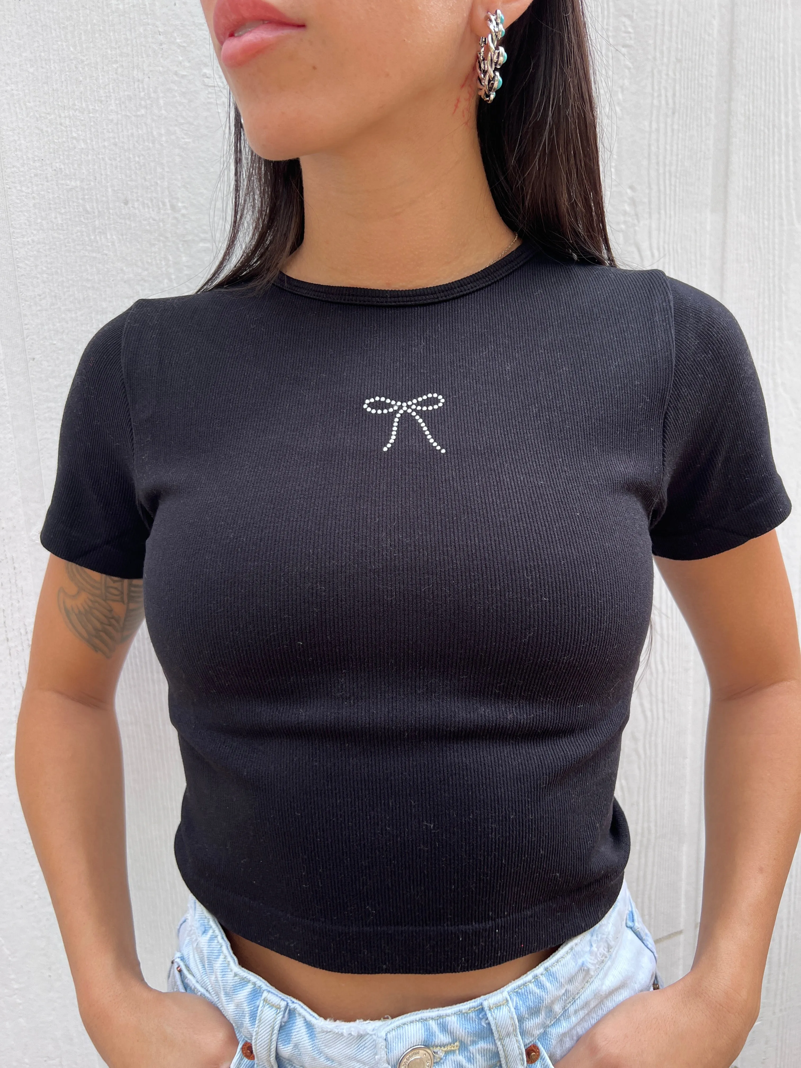 Last Call Coquette Bow Black Crop Top