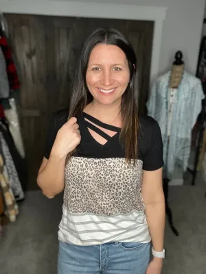Leopard Cut Out Color Block Top