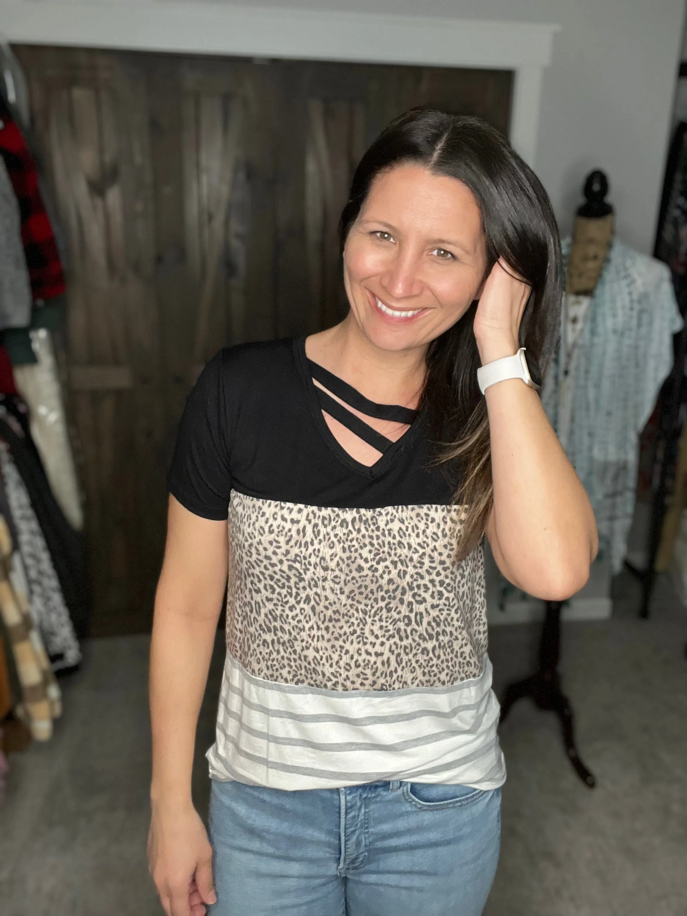 Leopard Cut Out Color Block Top