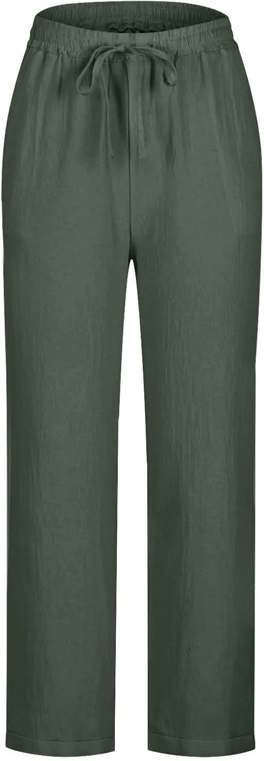Linen Pants for Women 2025 Summer Casual Straight Loose High Waisted Drawstring Elastic Pant Daily Beach Trouser