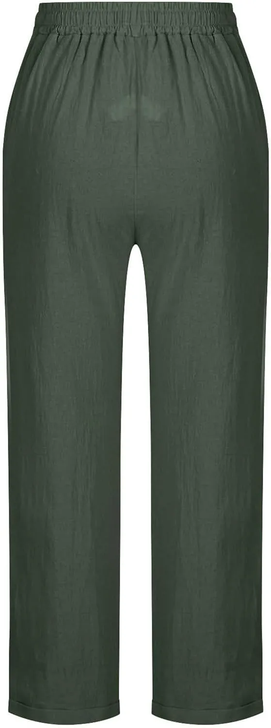 Linen Pants for Women 2025 Summer Casual Straight Loose High Waisted Drawstring Elastic Pant Daily Beach Trouser
